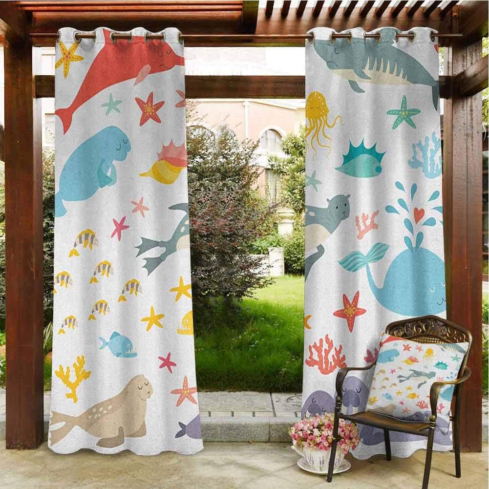 Ocean Outdoor Privacy Porch Curtains Whale Squid Sea Lion Shark Jellyfish Clownfish Dolphin Starfish Stingrays Colorful Energy Efficient, Room Darkening 84x84 INCH,Multicolor