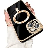 Dinick Designed for iPhone 14 Case with Magnetic [Built-in Camera Cover] Compatible with MagSafe Soft TPU Glitter Cover Anti-Scratch Protective Slim for iPhone 14 Case Black and Gold