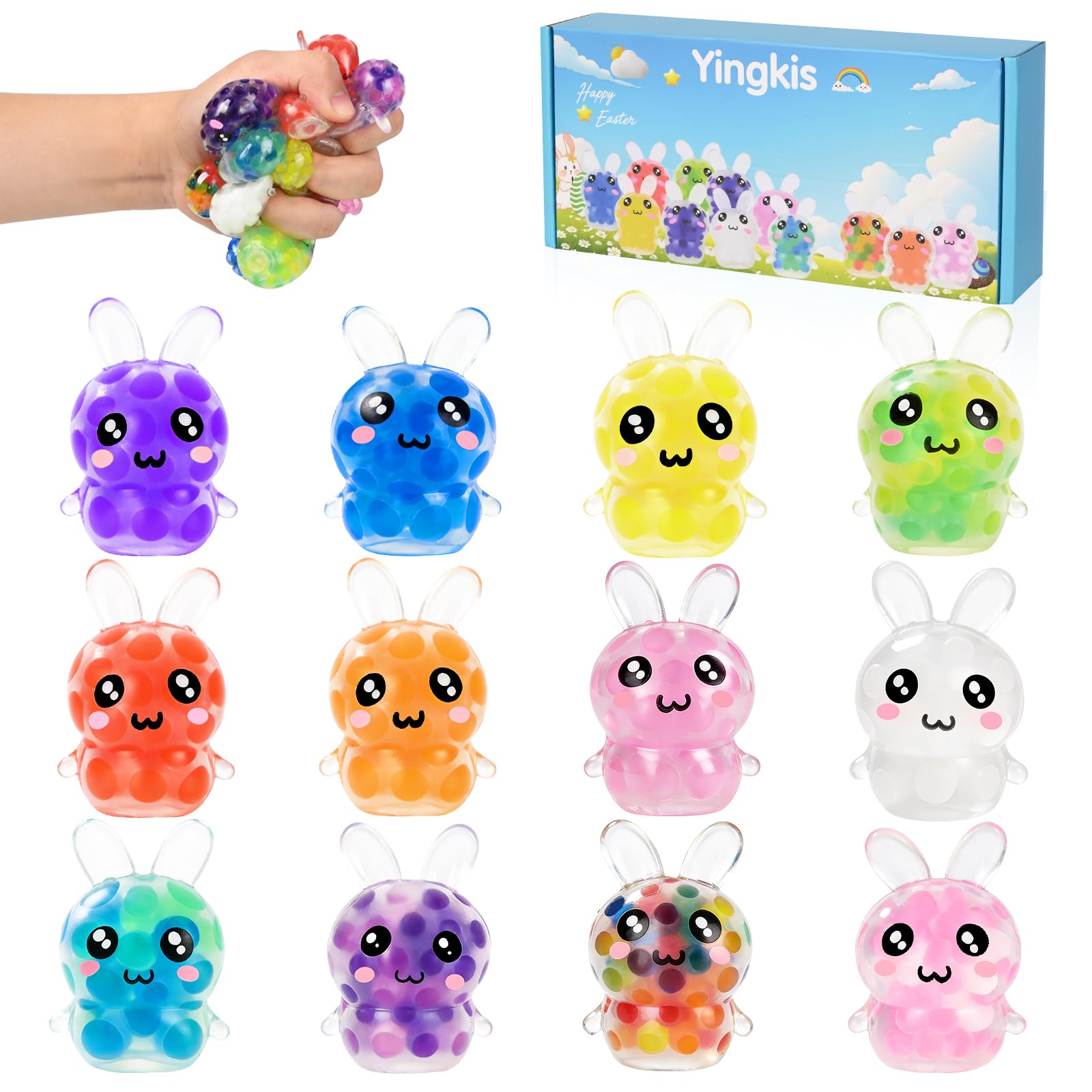 Easter Egg Fillers – 12 Pcs Mini Bunny Squishy Balls, Non-Candy Easter Basket Stuffers, Squishy Stress Relief and Fidget Desk Toys for Kids, Teens and Adults, Party Favors and Gifts