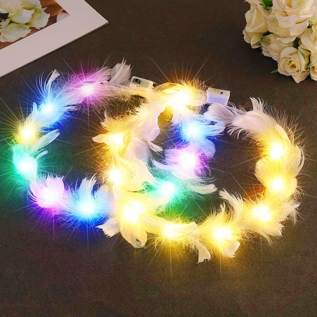 Zoestar Light Up Feather Headbands LED Feather Crown Headband Festival Garland Headpiece Hair Accessories for Women and Girls (Pack of 2)