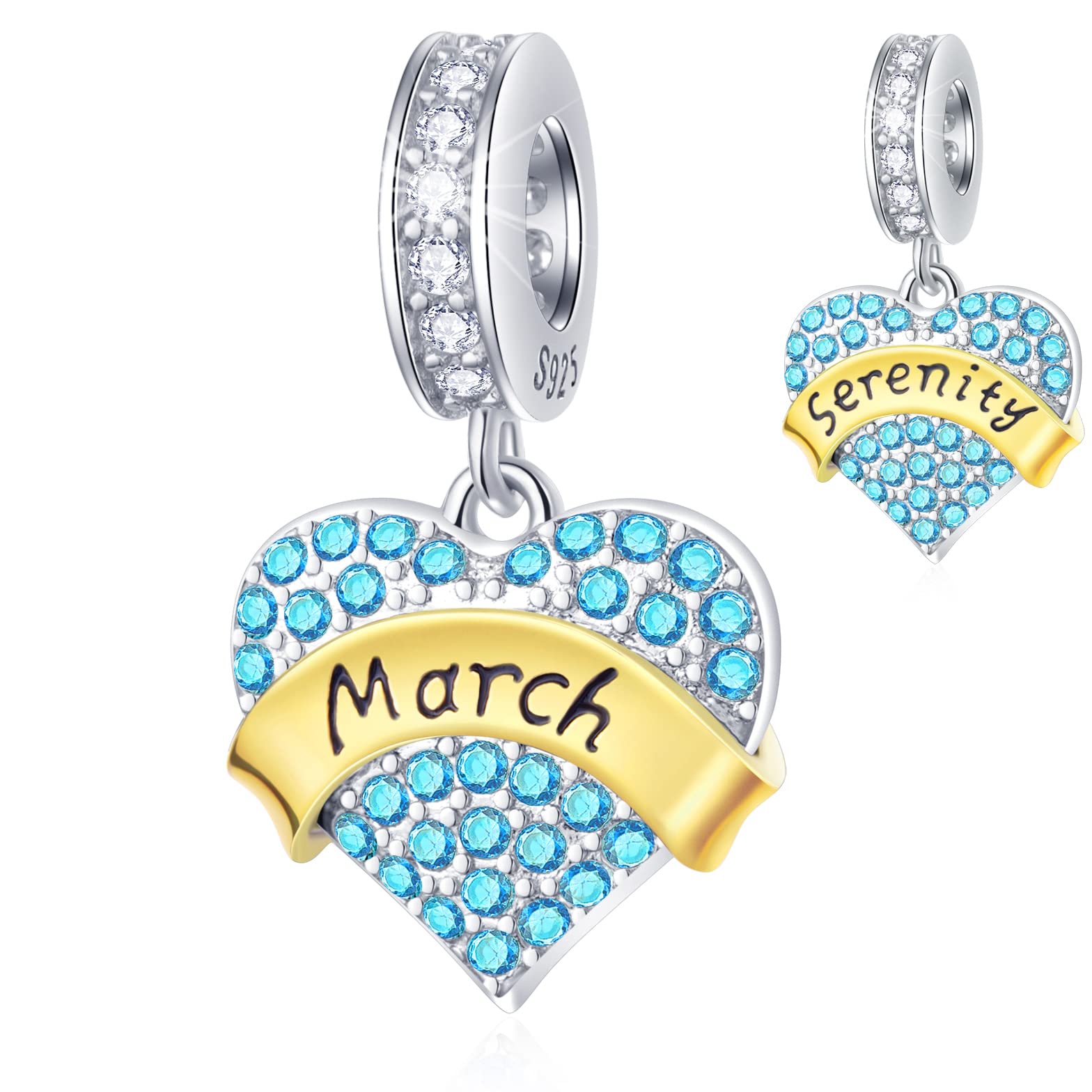 March Birthstone is Serenity Heart Charms, fits Pandora Birthday Bracelet, Sparkling Aquamarine CZ Stone Pendant Beads in 925 Sterling Silver, Gift for Women/Girl/Girlfriend