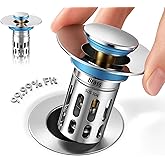 (All Metallic) Bathroom Sink Plug, Pop-up Drain for Bathroom Sink, Sink Plug Hair Collector, Silent Popper Core with Removable Stainless Steel Filter Basket (Silver Polished, 1 Pack)
