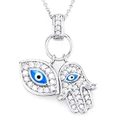 My Daily Styles 925 Silver Evil Eye Hamsa Necklace Jewelry Hamsa Blue White CZ Pendant - Protection Evil Eye Minimalist Simple Necklace Gift Perfect Religious Gift