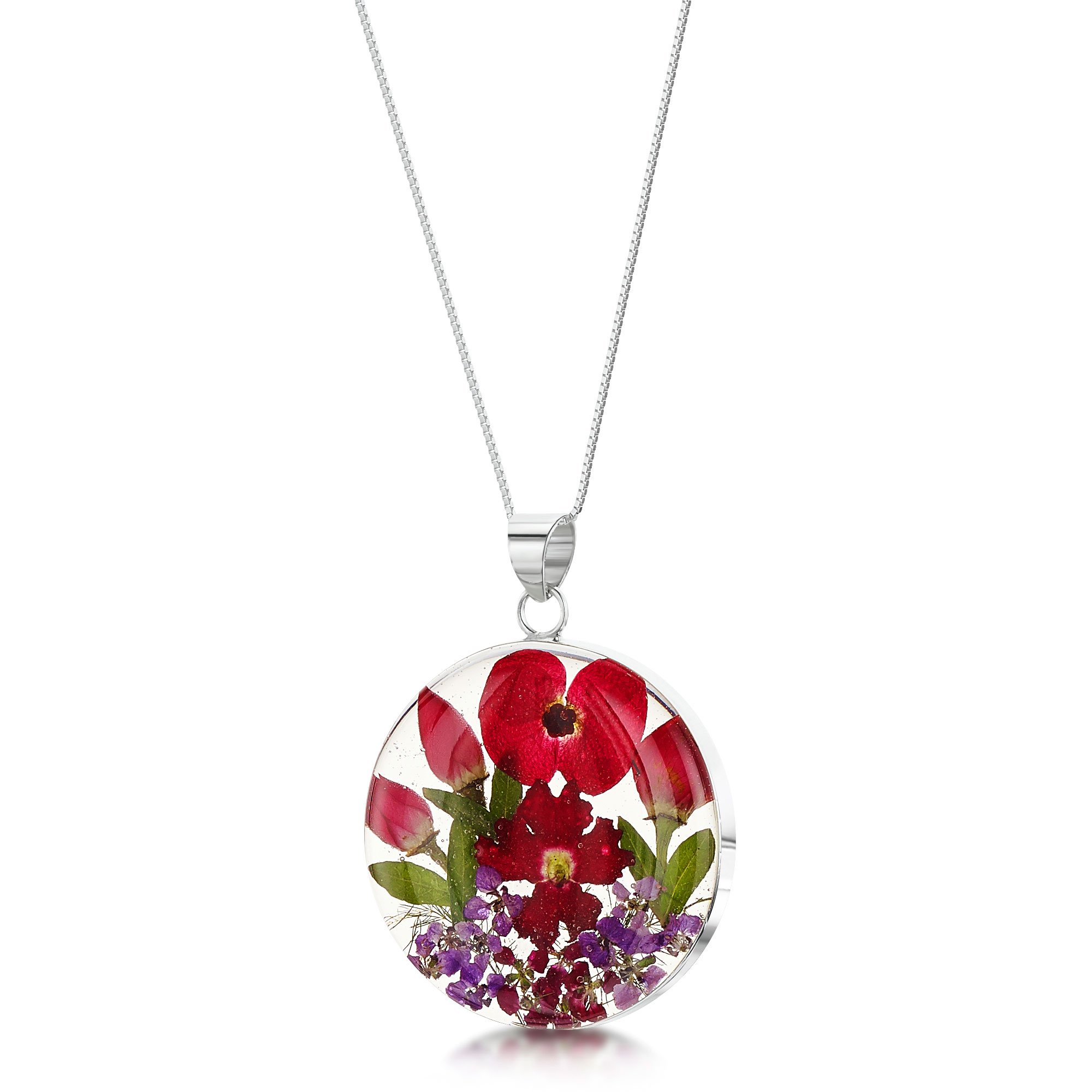 Shrieking Violet 925 Sterling Silver Round Real Flower Pendant Necklace - Poppy & Rose
