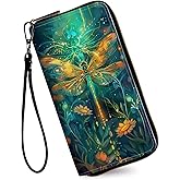 RAUEDWDJS Women's Wallets,Credit Card Holder Money Leather Long Wallet with Wristlet,Large Capacity with Zip-Around Phone Purse for Women Ladies Girls,Sparkly Dragonfly