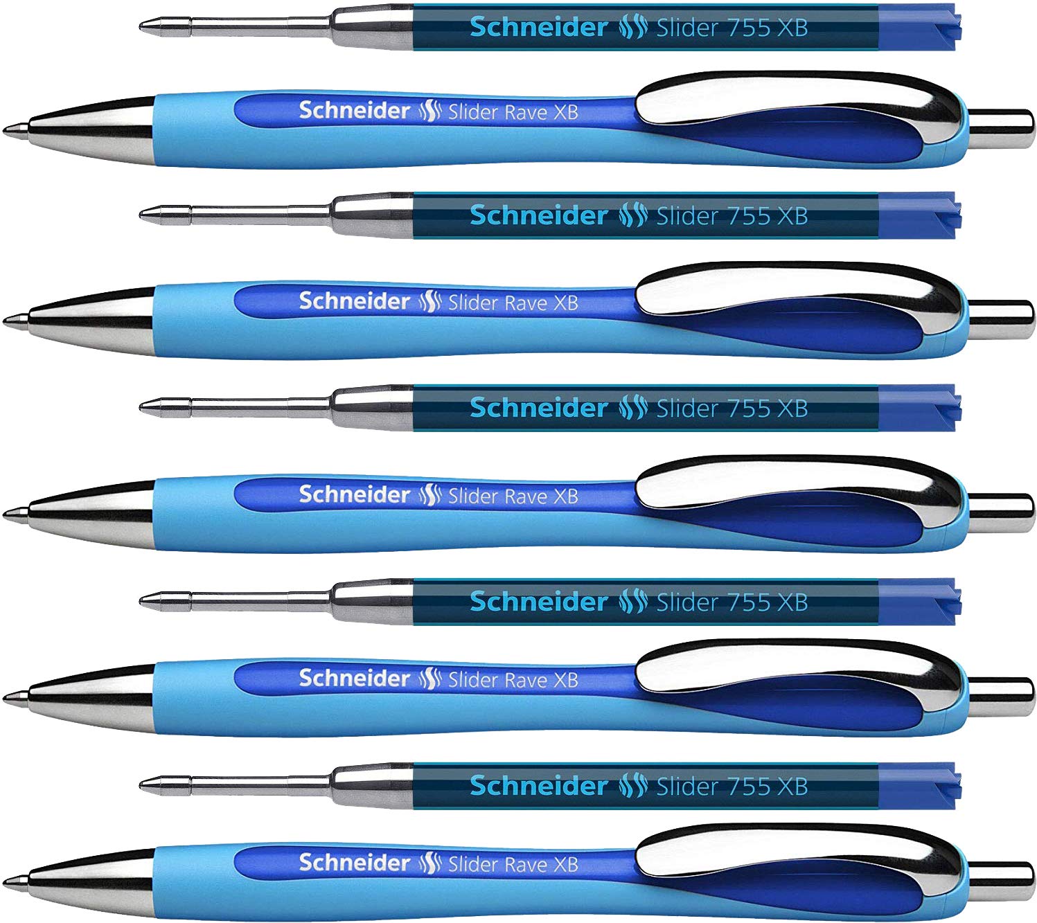 Schneider Slider Rave XB Ballpoint Pen (Line Width: XB, Indelible Refill, Made in Germany) Pack of 5 Blue Ink Colour + Refills