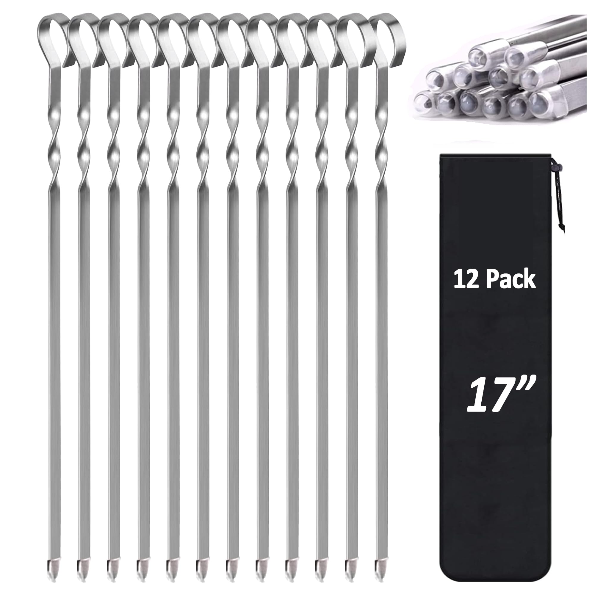 Photo 1 of ?12-Pack Full-Length?17" Stainless Steel Skewers for Grilling – Heavy Duty, No Bend, No Spin | Dishwasher Safe & Lifetime-Reusable (Try Risk-Free Today) (Soft Holder)
