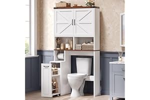 UPOSOJA Farmhouse Over The Toilet Storage Cabinet with Pulley Small Bathroom Storage Cabinet, Space Saver W/Adjustable Shelf & Open Shelf for Bathroom, Restroom, Laundry (White Brown-Type B)