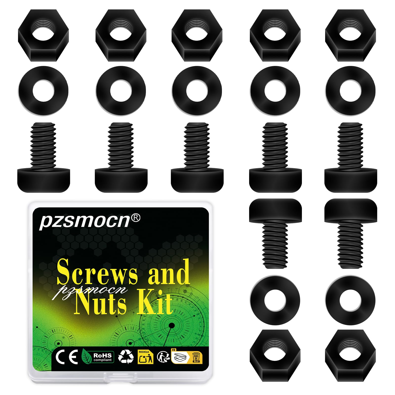 Pzsmocn 300 Pieces/100 Sets M2.5 * 5 mm Plastic Black Nylon Cross Round Head Screw Hexagonal Nut Combination Kit, with Insulating Washers, Standard Size, For DIY and Electronic Assembly.