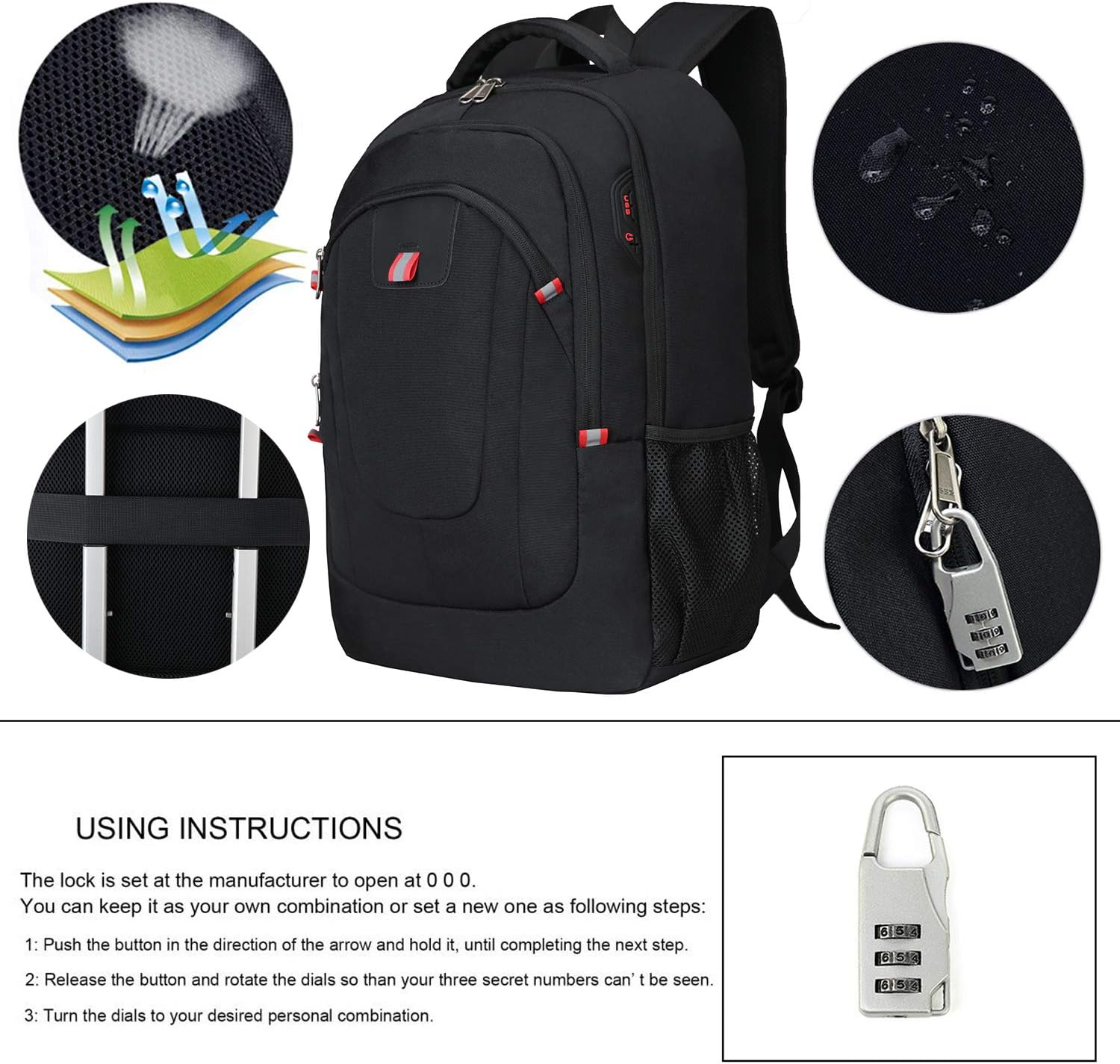 Waterproof Travel Rucksacks Daypack Lock 17inch Laptop Backpack with