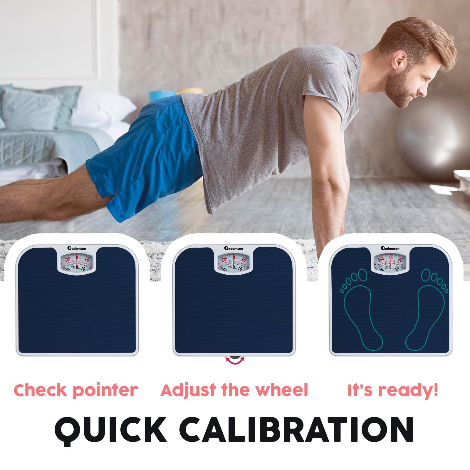 Adamson A21 Analog Scales for Body Weight - Up to 300 LB - New - Anti-Skid Rubber Surface + Large Numbers - Analog Bathroom Scale - Affordable - Durable with 20-Year Assurance - Blue
