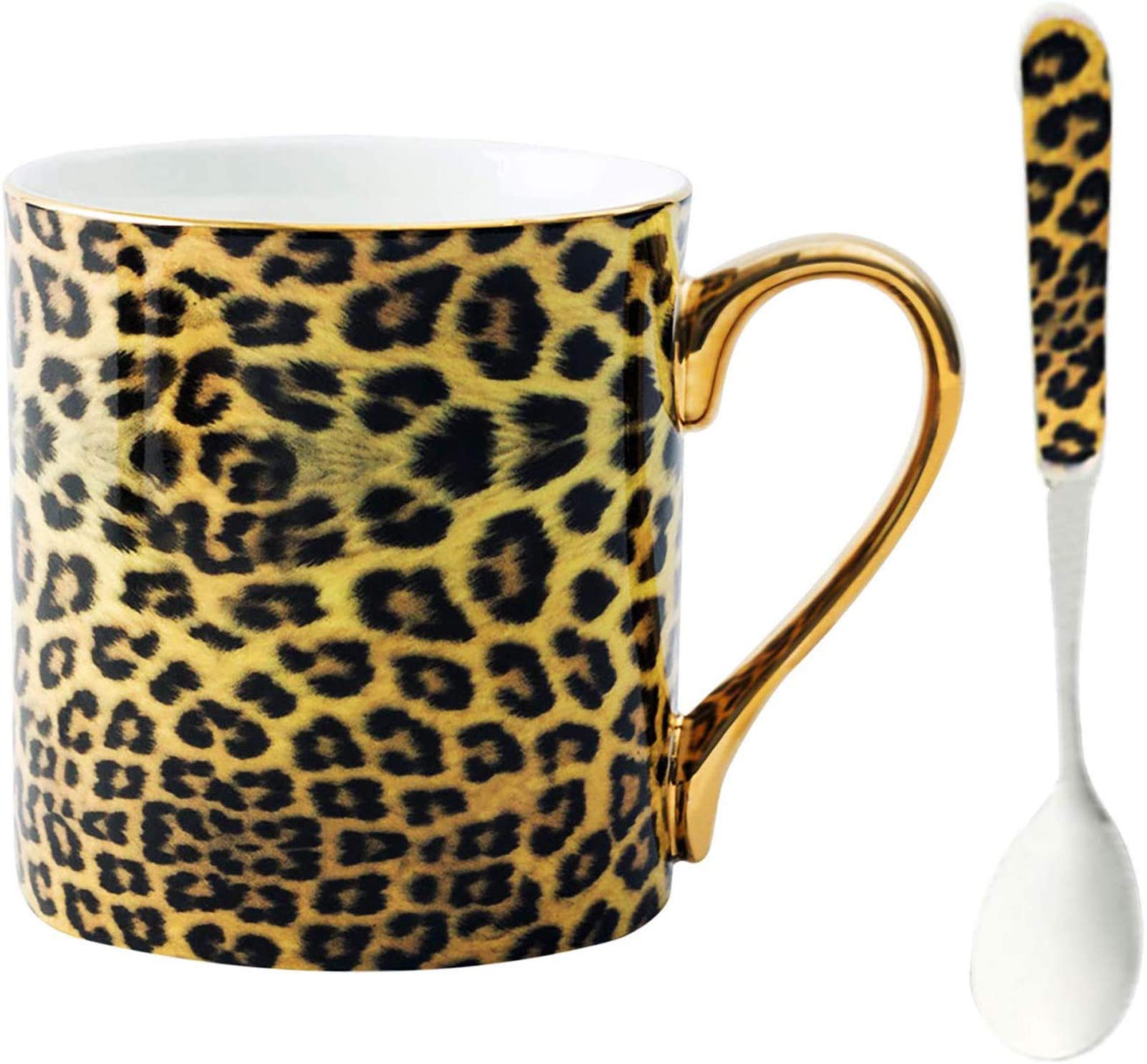 YBK Tech Bone China Porcelain Tea Cup, 12oz Coffee Mug for Home Kitchen Office - Leopard Pattern (Yellow)