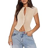 Pungdra Women's Button Down Shirt Cap Sleeve Tops for Women Button Up Ribbed Knit Slim Fit Casual Y2K Crop Going Out Top