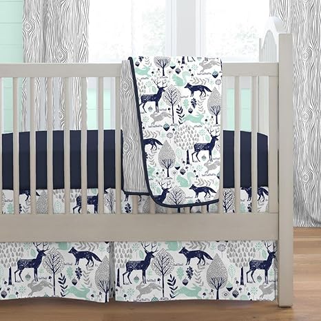 navy and mint woodland crib bedding