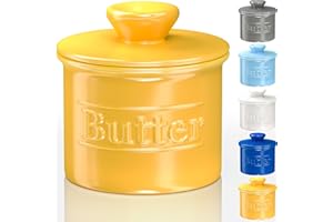 BENICCI Premium Butter Crock with Lid - Original Design French Butter Dish - Beautiful Ceramic Butter Keeper for Counter with Water Line - Perfect to Keep Butter Soft and Spreadable - Yellow