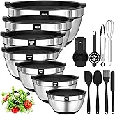AIKKIL Mixing Bowls with Airtight Lids, 20 piece Stainless Steel Metal Nesting Bowls, Non-Slip Silicone Bottom, Size 7, 3.5, 2.5, 2.0,1.5, 1,0.67QT Great for Mixing, Baking, Serving (Black)