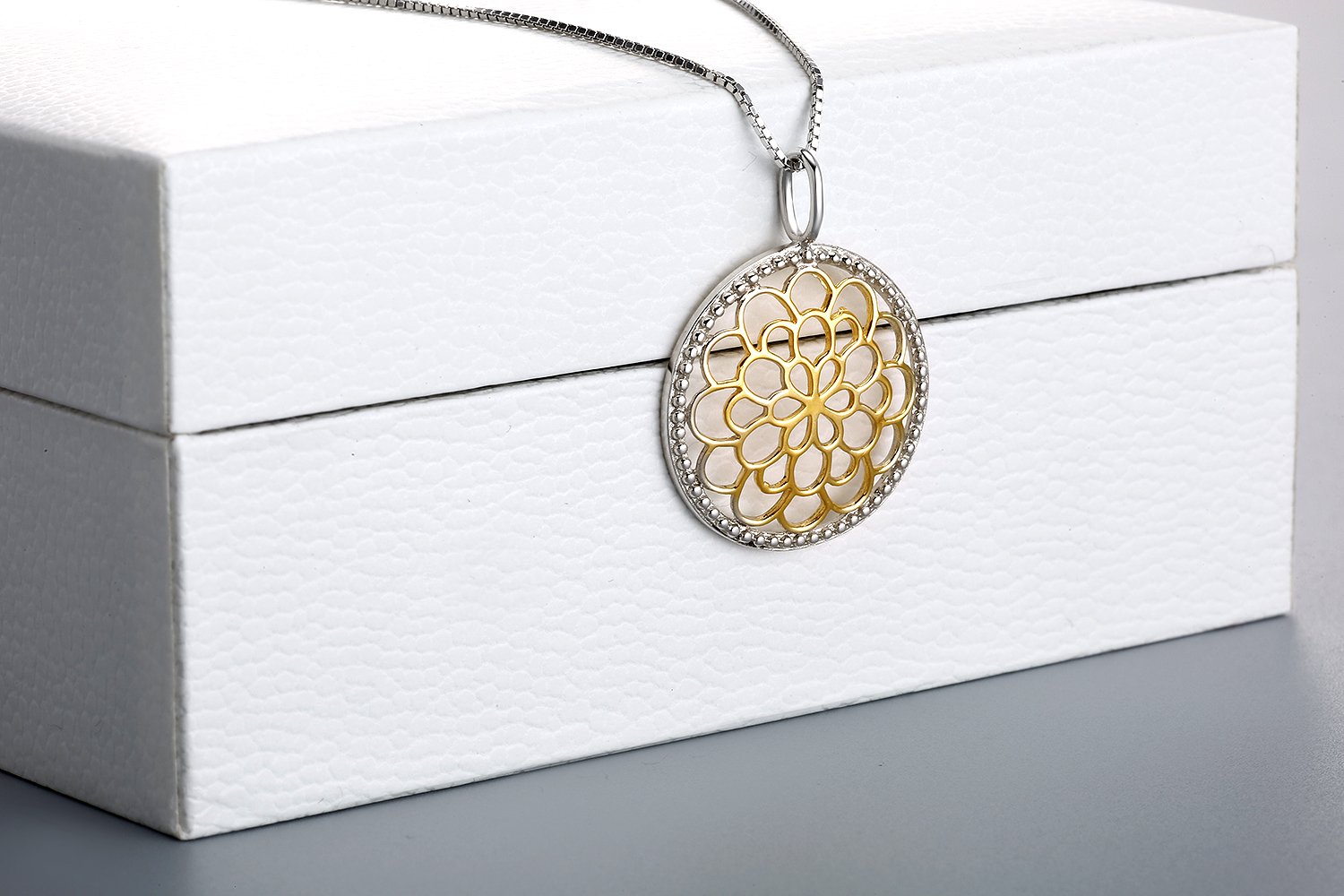 Sterling Silver and 18K Gold Bali Inspired Filigree Round Circle Floral Pendant Necklace, Best Jewelry for Women, 16/18
