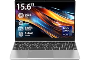 Auusda 15.6" Laptop Computer Notebook, 4-Core N95 Processor, FHD Display, Backlit Keyboard, Fingerprint, Webcam, Bluetooth, WiFi, Win 11 Pro, 10TB Upgradeable, T152A, 16GB RAM, 1TB NVMe SSD, Silver