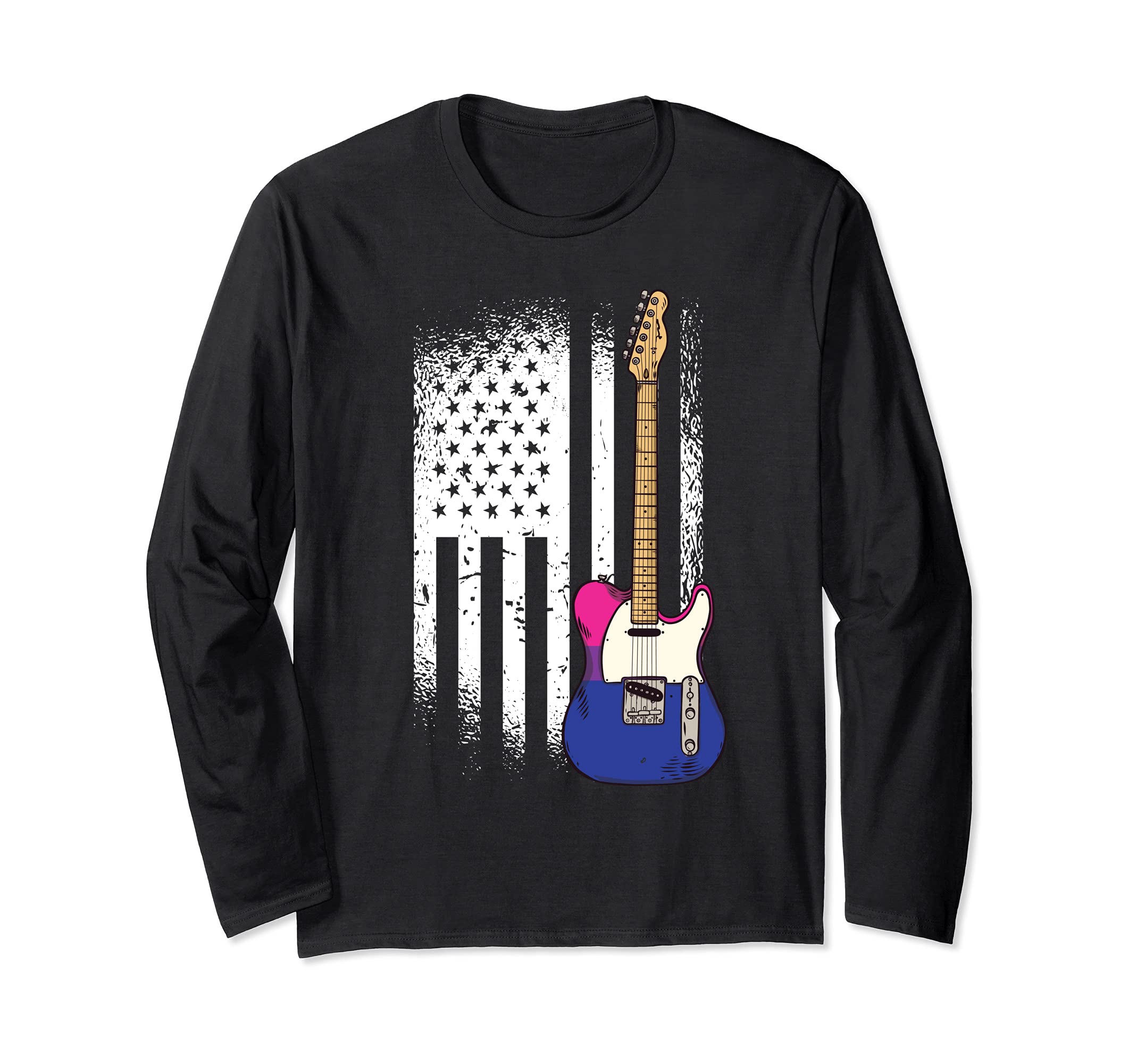 American Flag Guitar Bisexual Pride LGBT-Q Ally Guitarist Long Sleeve T-Shirt
