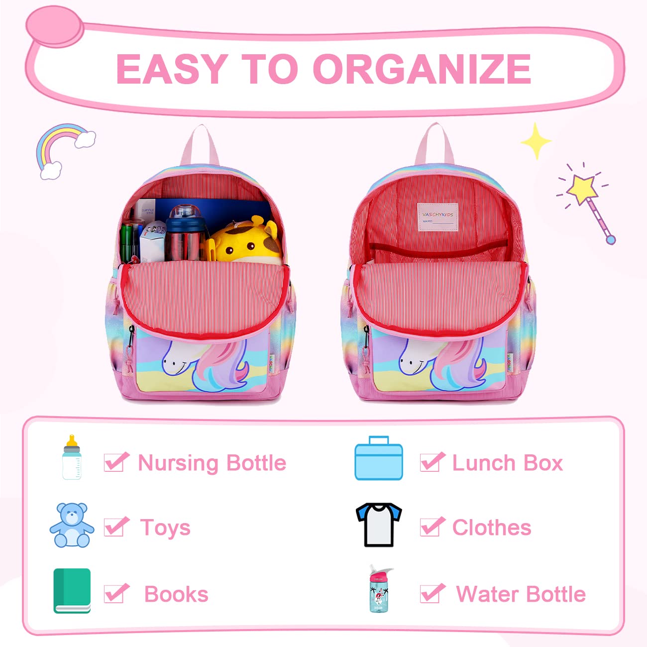 VASCHY Unicorn Backpack for Little Girls, Cute Rainbow Glitter