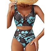 Herseas Women's High Waisted Bikini Sets - Floral Print 2 Piece Swimsuits Tummy Control Modest O Ring Bathing Suit