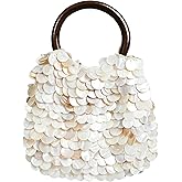 Miuco Shell Clutch Handbag Handmade Natural Seashell Purse with Wooden Handle Shell Beaded Bag for Women Beach Party Vacation