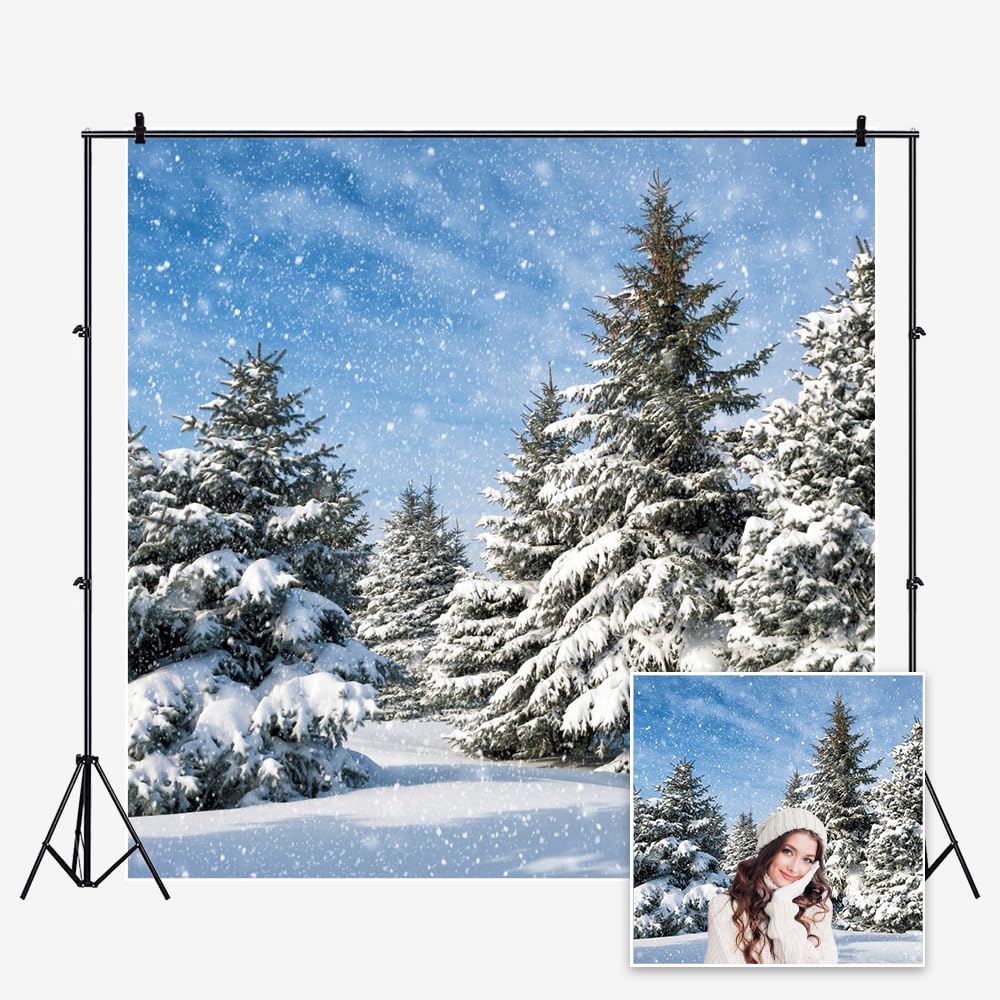 SDOTPMT 7x7ft Winter Landscape Polyester Backdrop Snowscape Pine Trees Wonderland Snowflake Scene Holiday Pictures Christmas Party Background Children Portrait Photo Prop