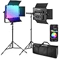 NEEWER 2 Pack PL60C RGB LED Panel Video Light Kit with 6.6ft/2m Spring Cushioned Light Stands/Bag, APP/2.4G/DMX Control, 60W 23000lux/0.5m 2500K-10000K 18 Scenes RGBCW Pro Photography Studio Lighting