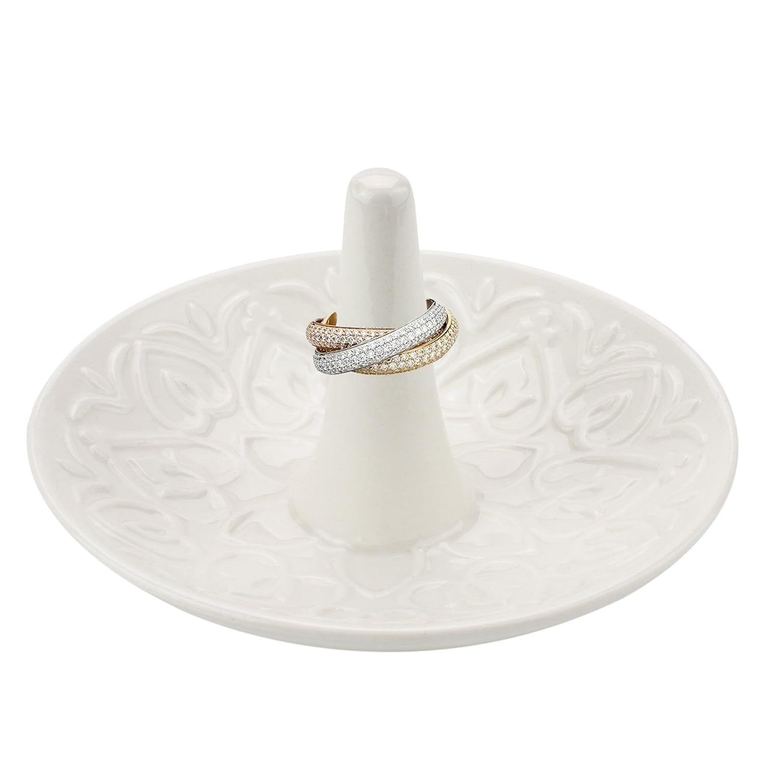 MyGift Decorative Raised Heart Design White Ceramic Ring Dish/Dresser Top Jewelry Holder/Trinket Tray