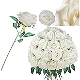 ANLUKEAR 25PCS Real Touch Fake Roses 4 Inches Velvet Faux Roses Realistic Artificial Flowers Silk Roses With Stems Bouquet For Wedding Decor Decorations Table Decor Centerpieces(Cream White)
