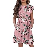 HOSIKA Girls Floral Dress Boho Ruffle Sleeve Pleated Casual Swing Dresses with Pockets for Kids 6-12 Years