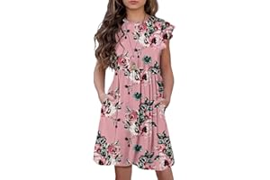 HOSIKA Girls Floral Dress Boho Ruffle Sleeve Pleated Casual Swing Dresses with Pockets for Kids 6-12 Years