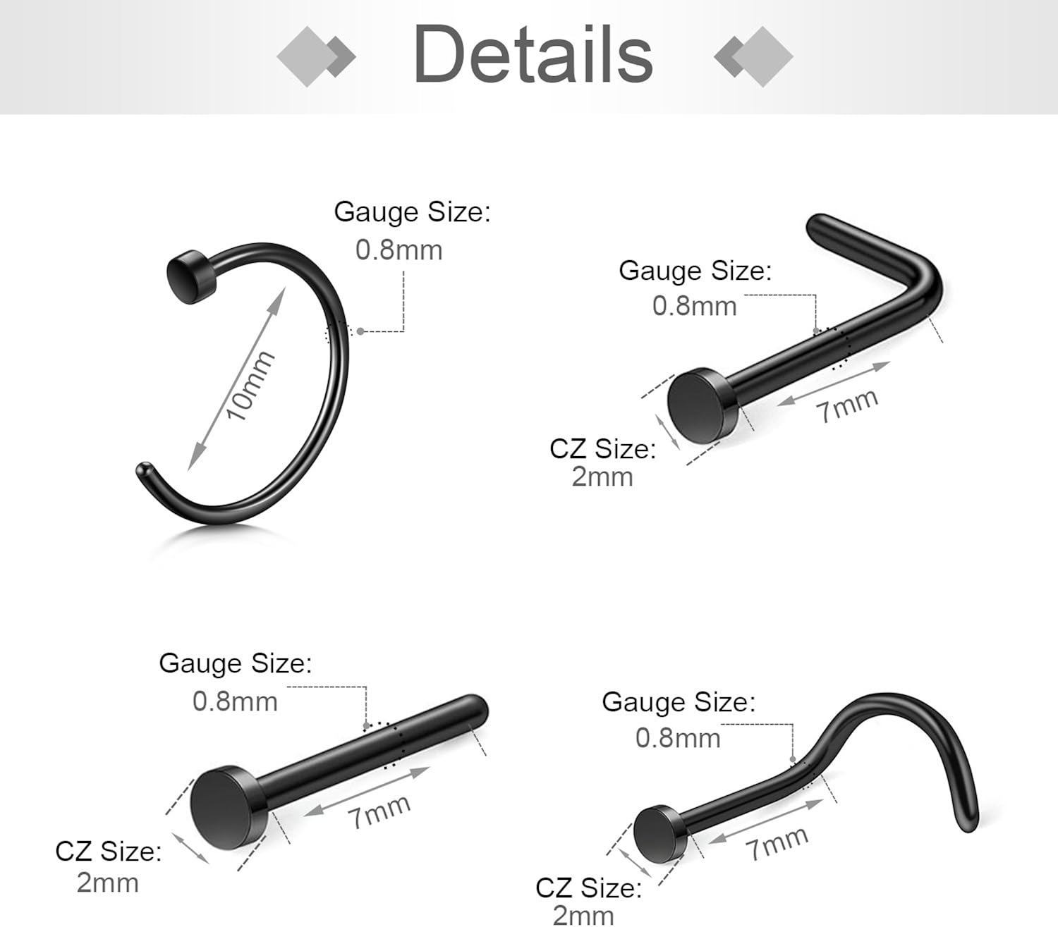 Zolure 20 Gauge Nose Rings Set Stainless Steel Nose Stud L shaped Screw