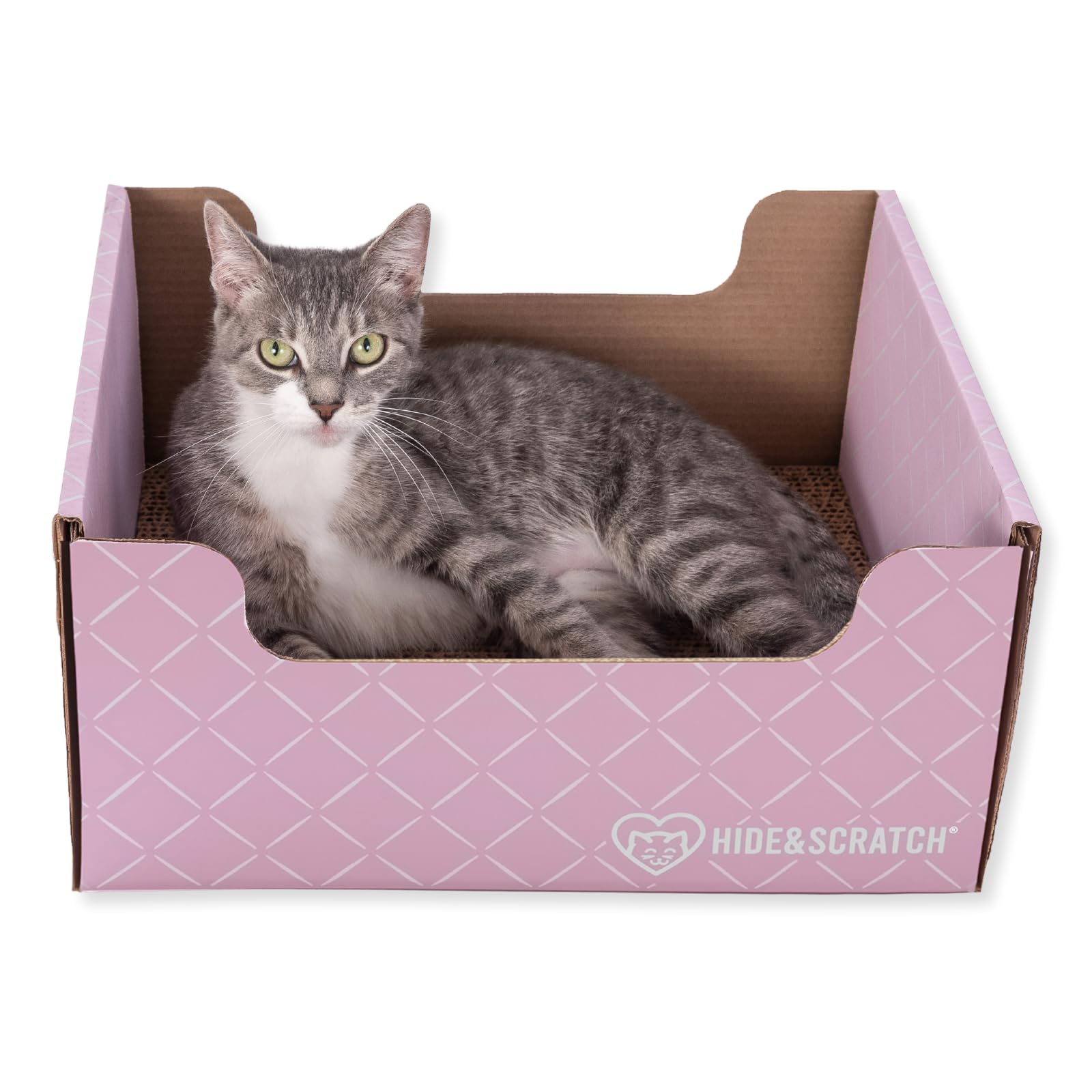 Hide & Scratch Cardboard Cat Scratcher Box & Bed - Light Pink Diamond | Double-Sided Corrugated Pad for Indoor Cats | Refillable Scratching Board Toy for Play & Furniture Protection