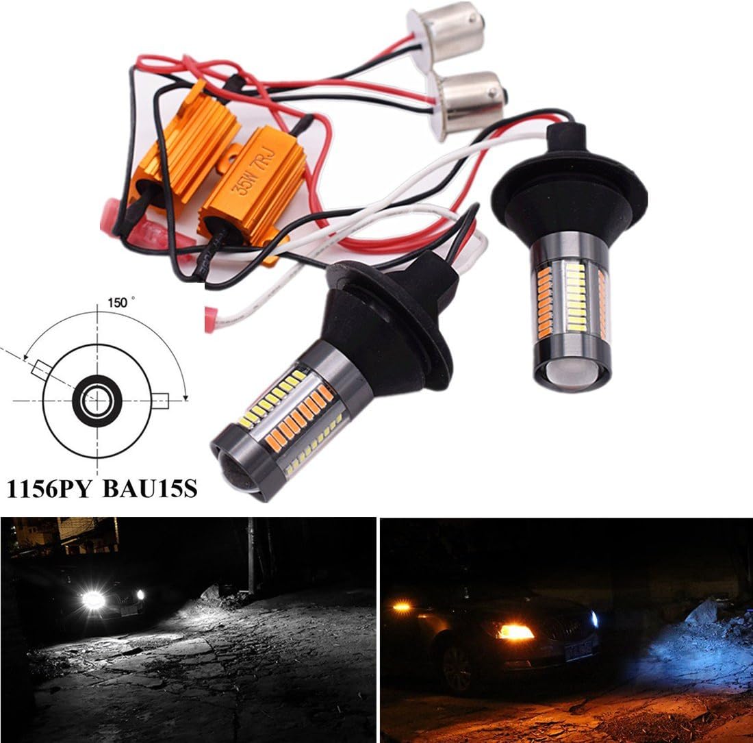 FEZZ 1000 Lumens Extremely Bright 4014 66SMD Chipsets 1156 BAU15S 150° Switchback LED Bulbs with Projector Load Resistors Canbus for Turn Signal Lights and Daytime Running Lights (DRL) White Yellow (Pack of 2)