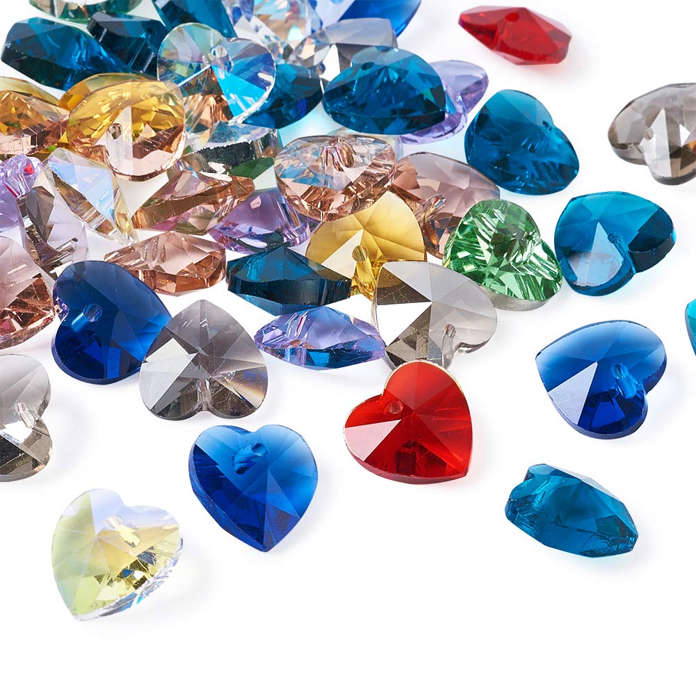 Beadthoven 50pcs Faceted Crystal Heart Beads Charm 14x14x8mm Colorful Glass Love Heart Dangle Pendants Romantic Valentine's Day Ideas for Jewelry Necklaces Making