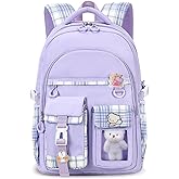 PRLINJSK Girls Backpack,Cute School Backpack for Girls Kids Teens,Kawaii Bookbag for Primary Elementary,Purple