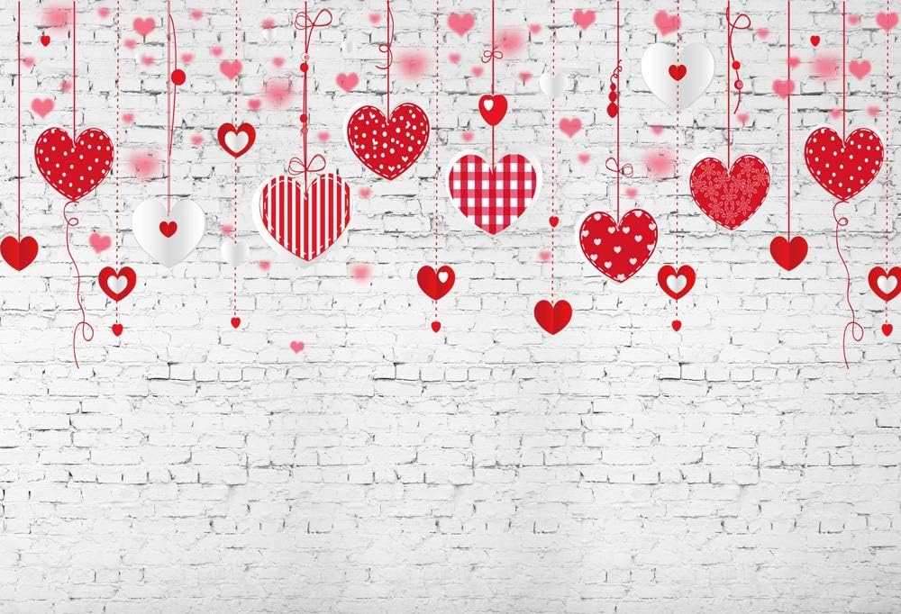 6.5x5ft Valentines Day Background Pink Red Hearts On Strings on White Brick Wall Backdrops Graphic Stylized Banners Couple Portrait Photo Studio Decorations Poster Photographic Wallpapers XT-7534