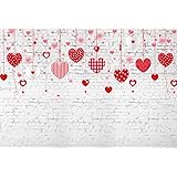 6.5x5ft Valentines Day Background Pink Red Hearts On Strings on White Brick Wall Backdrops Graphic Stylized Banners Couple Portrait Photo Studio Decorations Poster Photographic Wallpapers XT-7534