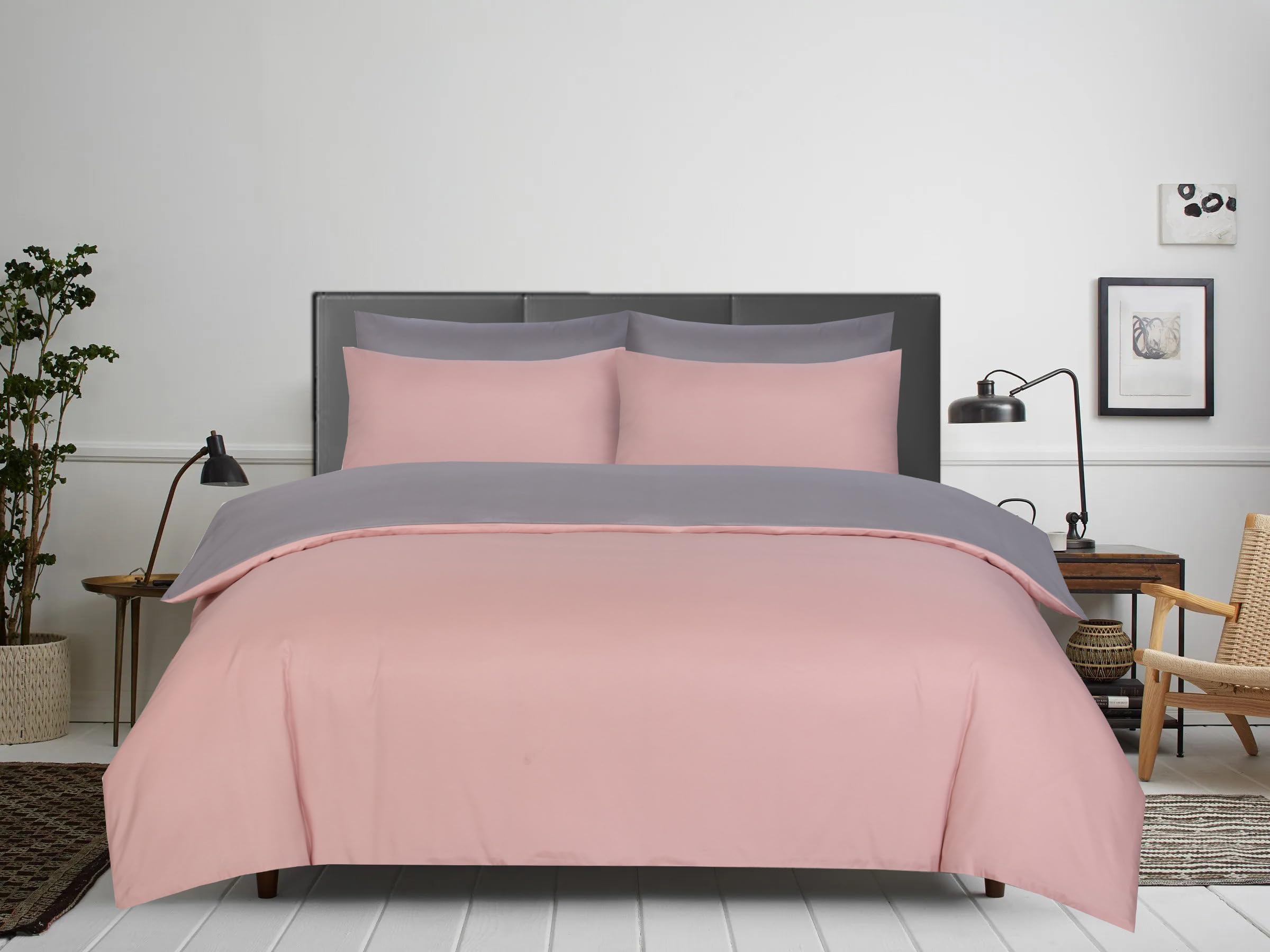 APEX FURNISHINGS Single Duvet Cover Set- 100% Brushed Microfiber Bedding Quilt Cover with Pillowcase - Pink/Grey
