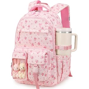 BTOOP Multi-Compartment Kids Backpack for Girls, Cute Pink Bow School Backpack with Chest Strap, Side Pocket Fits 40 oz Tumbl
