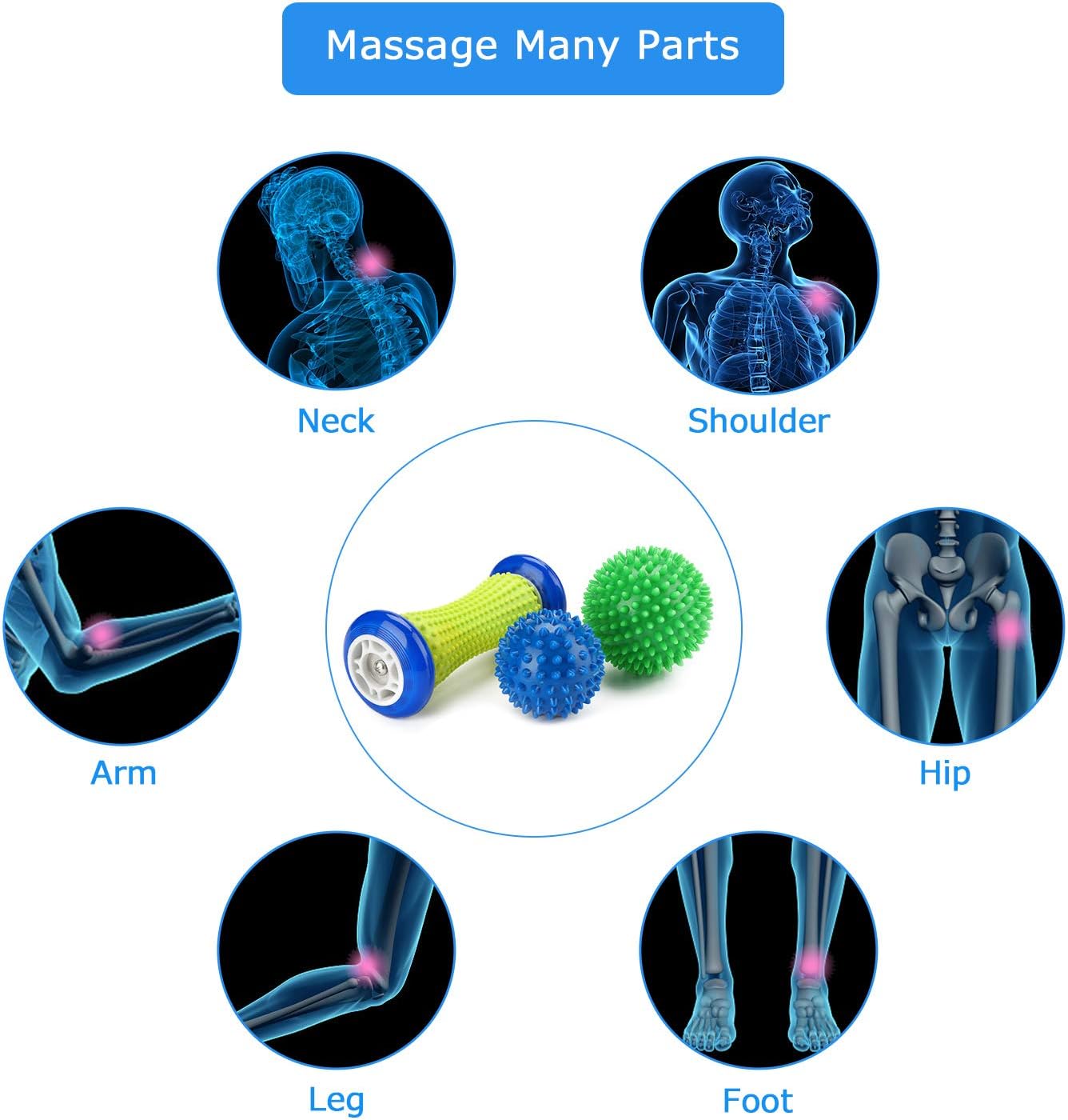Plantar Fasciitis Roller Foot Massage Ball-Foot Massager Ball Set, 1 Foot Roller and 2 Spiky Massage Balls Deep Tissue, for All Over Body Trigger Point Therapy/Muscle Recovery/Stress Relief: Health & Personal Care