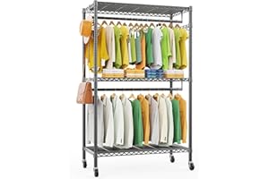 LEHOM G1 Heavy Duty Clothes Rack, 3 Tiers Rolling Garment Rack for Hanging Clothes, Adjustable Wire Clothing Rack with Storage Shelves, Lockable Wheels Freestanding Closet Wardrobe for Bedroom