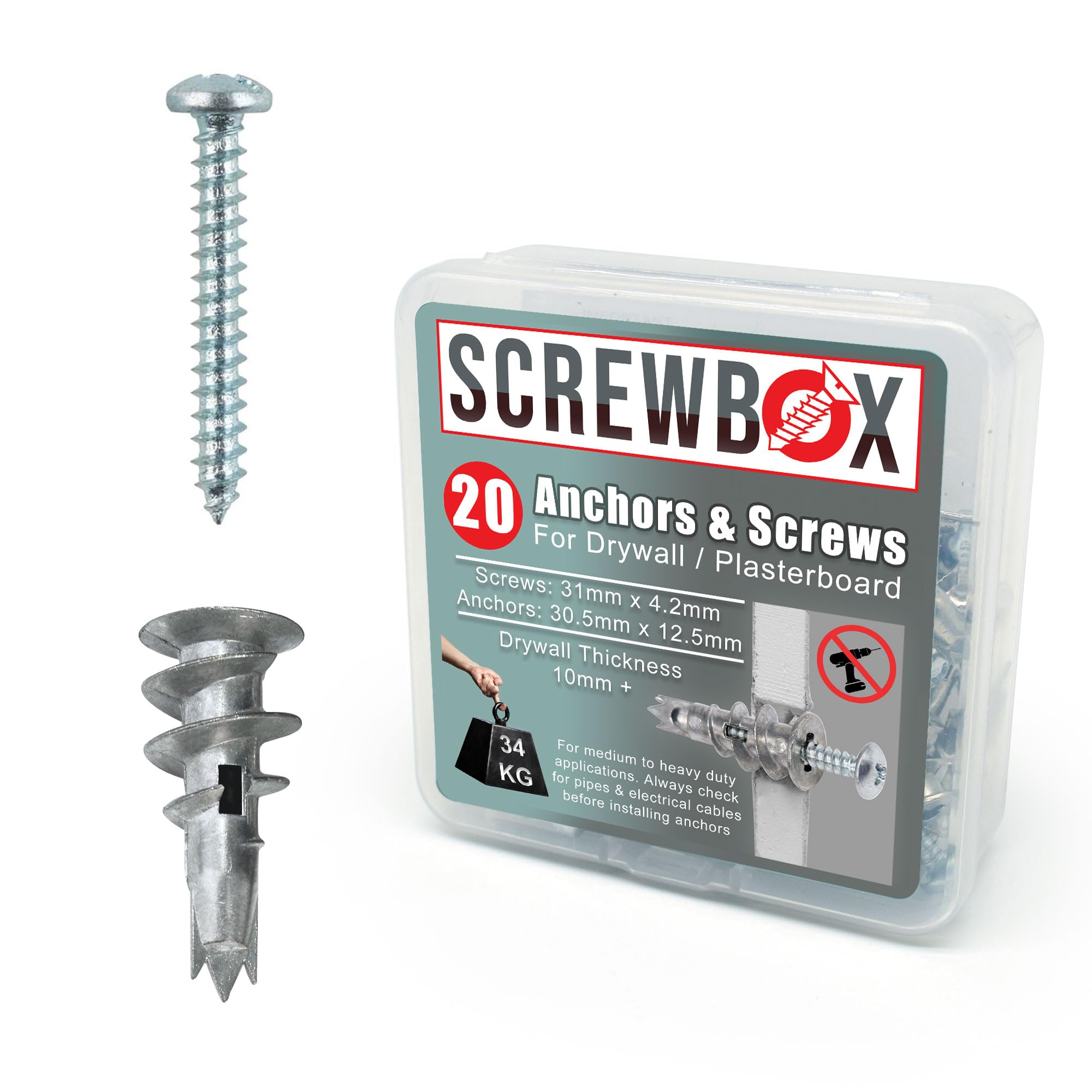 SCREWBOX® Plasterboard Fixings – 20pcs Heavy Duty Drywall Anchors & Screws, Metal Self Drilling Wall Plugs for Strong Grip