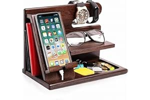 Wood Phone Docking Station for Men Desktop Nightstand Organizer Birthday Gifts for Men, Dad Anniversary Idea from Wife Key Ho
