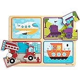 Melissa & Doug Natural Play Wooden Puzzle: Ready, Set, Go (Four 4-Piece Vehicle Puzzles)
