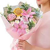 Serwalin Crochet Flower Bouquet, Pink Handmade Knitted Flowers, Lily Sunflower Roses Crochet Flowers for Lover Teacher Anniversary Birthday Mother's Day Graduation Gifts for Girlfriend (Include Card)
