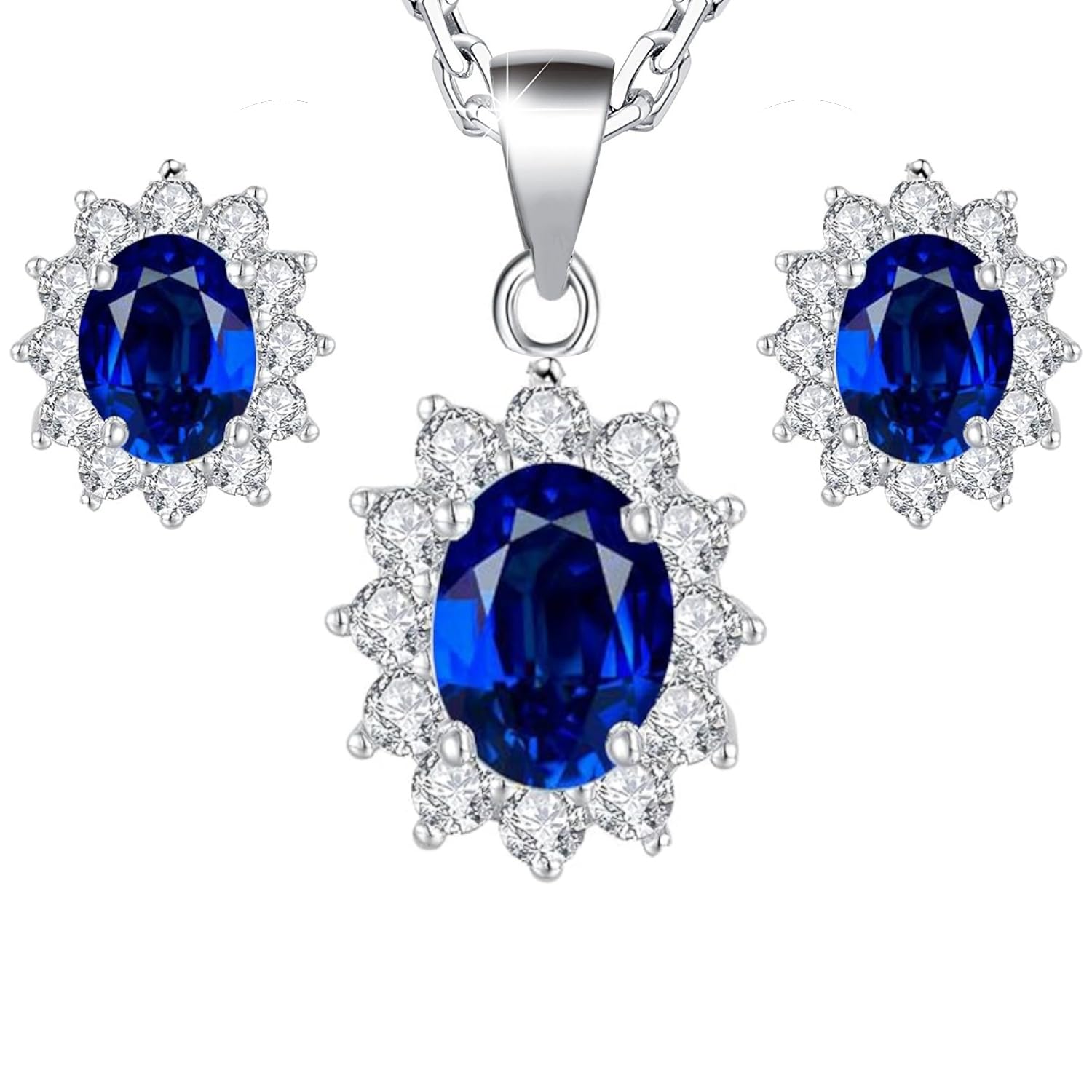Crystalline Azuria Women 18ct White Gold Plated Ellipse Blue Simulated Sapphire Zirconia Crystals Set Pendant Necklace 17.7 inches Earrings