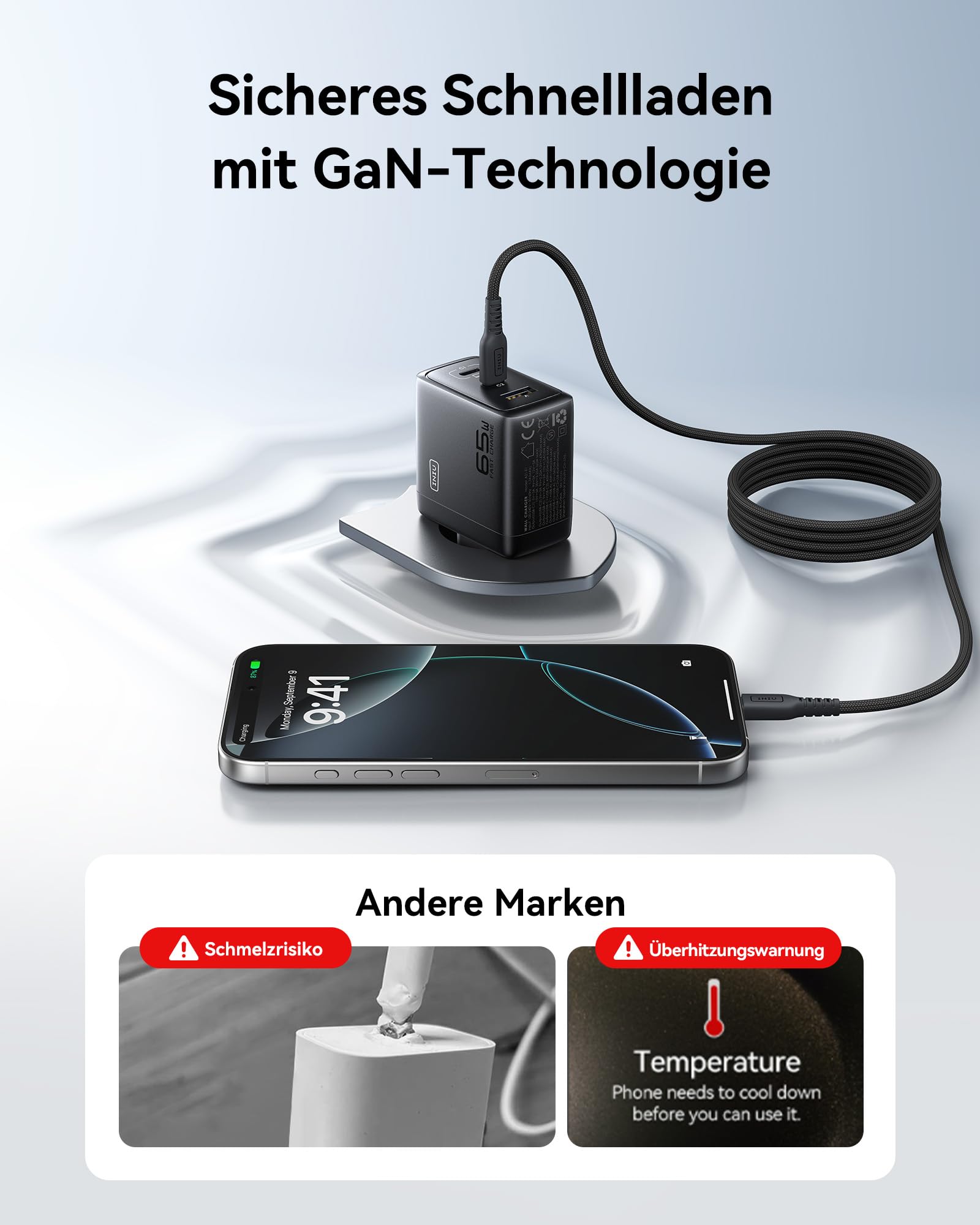 INIU USB C Ladegerät, 65W 3-Port Laptop Schnellladegerät mit 1.5m Kabel 7