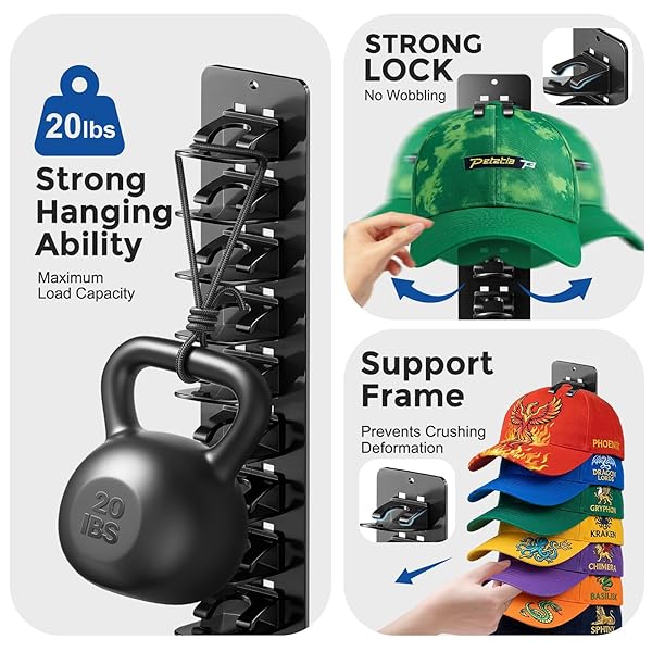 YONSYA 2 PACK HAT HOOK ORGANIZER FOR BASEBALL CAPS, HAT HANGER HOLDER FOR 20 CAPS, WALL HAT RACK WITH STRONG ADHESIVE, MULTILAYER CAP STORAGE HOOKS FOR CLOSET DOOR AND BEDROOM (STYLE C-BLACK)